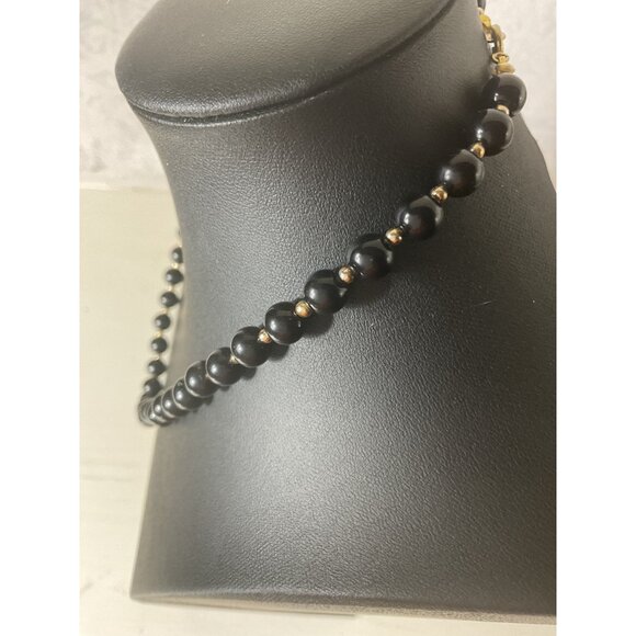 Black Beaded Necklace With Gold Accents Spring Ring Clasp - Picture 4 of 4